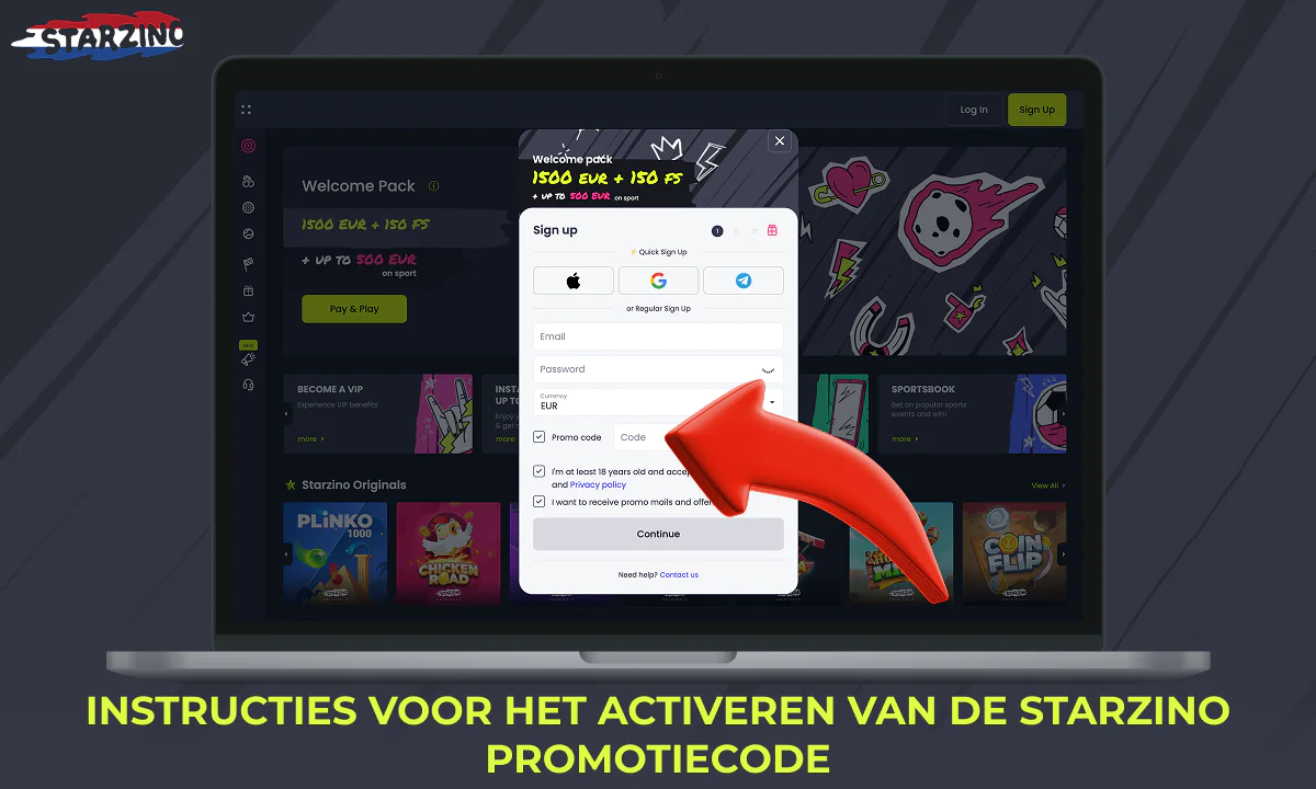 Gedetailleerde stap-voor-stap instructies voor het activeren van een promo code bij Starzino